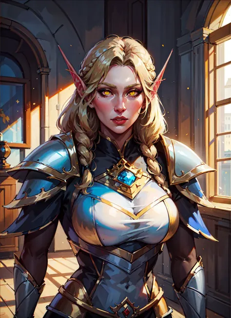 1girl, portrait of beautiful shebelf, glowing yellow eyes, white armor, golden pauldrons, blonde hair, braid, medieval room indoors, window, sunlight, athletic, volumetric lighting, best quality, masterpiece <lora:sxz-blood-elves:0.6>