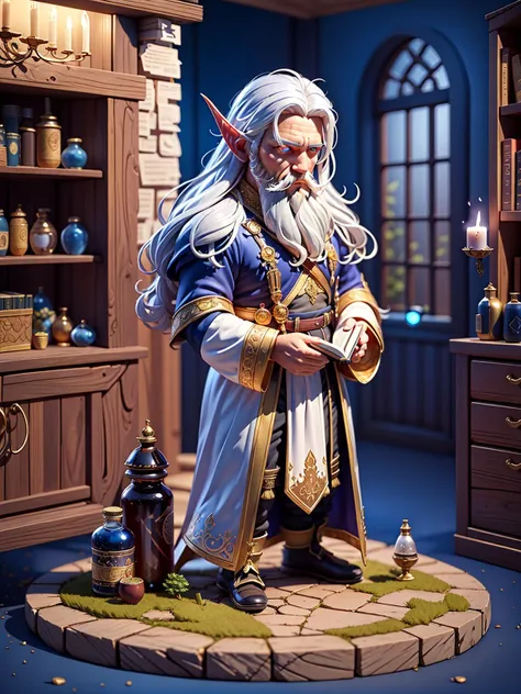 (mini\(ttp\), miniature, lanpscape, isometric), (masterpiece),(best quality),(ultra-detailed), (full body:1.2), chibi,
1boy, portrait of hebelf wizard, glowing blue eyes, white hair, beard, dark blue robe, potion bottles, book shelf, dark room indoors, athletic, volumetric lighting, best quality, masterpiece,  face,
<lora:blindbox_V1Mix:1>  <lora:sxzBloodElvesWarcraft_sxzBloodElves:0.6> <lora:miniatureWorldStyle_v10:0.3>