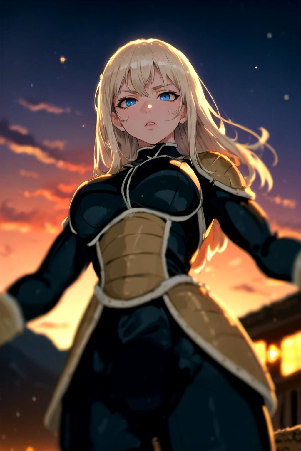 A woman in a black outfit standing in front of a sunset - SeaArt AI