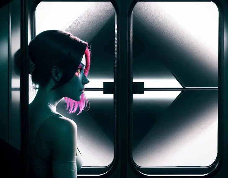 three cornered window, back of head shot of (woman looking out of triangle window:1.1), 3rd person, Looking out the triangular window of a (train:1.1) with triangular windows, triangular windows and triangular, wheels, in a fantasy world,
psychedelic, geometric, vivid light, high contrast, triadic colors, dark shadows, explosions, nuclear mushroom cloud, nuclear explosion, dystopian nightmare,
(beautiful composition),
21 yo woman,