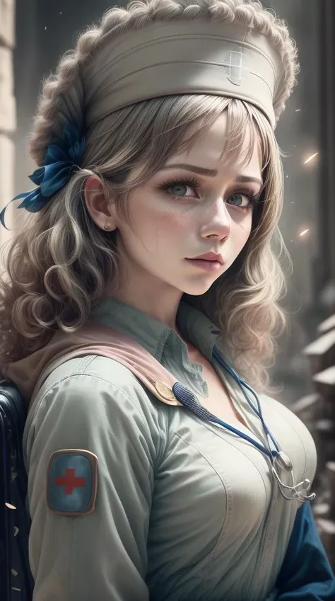 a profestional picutre of Laia Manzanares Tomàs as Nurse - A kind nurse who takes care of the sick and injured. She wears a white uniform and cap, her skin pale and smooth like porcelain. Her hair is short and curly, and her eyes are bright green with the light of compassion.,Jester's Bow: Behavior: The character takes an exaggerated bow, sweeping a hat from her head with a flourish. Her movements are theatrical and exaggerated, capturing the essence of her comedic performance., ,camera angle from above and wide shot, photorealism,unreal 5 daz,perfectly drawed hands,perfectly drawed face,perfect body,extremely detailed artgerm greg rutkowski greg,((ultrasharp)),((masterpiece)),((best quality)),((ultradetailed)),((intricated details)),ultradetailed character,detailed face,intricated face details,<lyco:GoodHands-beta2:1>,extremaly detailed background,perfectly detailed face,character focus,intricated details of face,fFaceDetail,<lora:add_detail:0.7>,ultra realistic,32k,RAW photo,(high detailed skin:1.2),8k uhd,dslr,soft lighting,high quality,film grain,beautiful and aesthetic,extremely detailed <hypernet:sxzBloom_sxzBloom:1>,8k,extremely_clear,