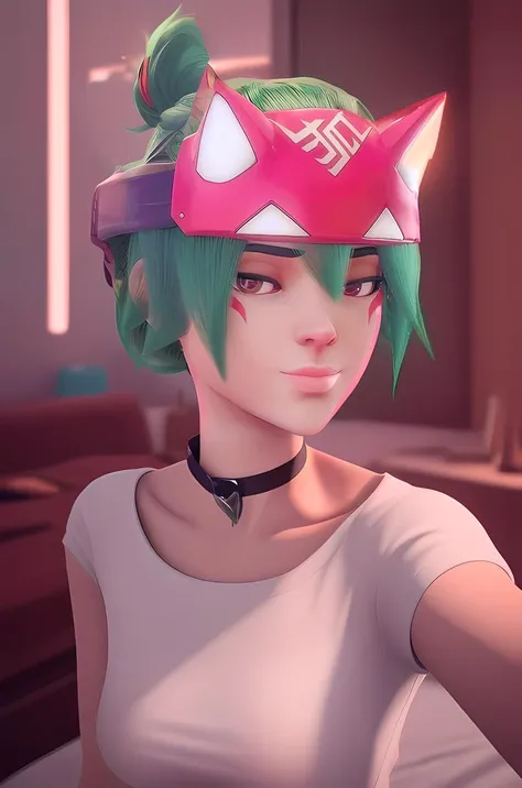 kiriko \(overwatch\), bedroom, blurry, green hair
