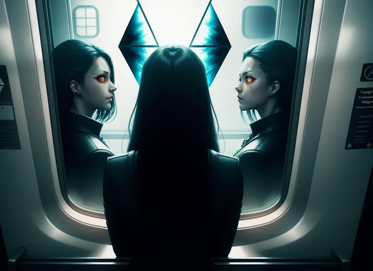 three cornered window, back of head shot of (woman looking out of triangle window:1.1), 3rd person, Looking out the triangular window of a (train:1.1) with triangular windows, triangular windows and triangular, wheels, in a fantasy world,
psychedelic, geometric, vivid light, high contrast, triadic colors, dark shadows, explosions, nuclear mushroom cloud, nuclear explosion, dystopian nightmare,
(beautiful composition),
21 yo woman,