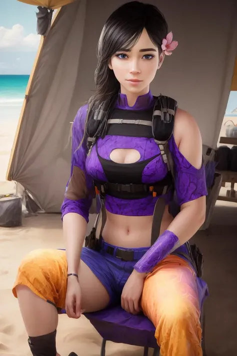 realistic, masterpiece, profesional image trending on artstation of 1 gilr Aruni, <lora:Aruni_from_Rainbow_Six_Siege:0.85> 1girl, aruni , purple eyes, slender, small breasts, black hair, flower in hair, scar on face, ((total naked)), sexy , Sitting on a chair with one hand on the knee and the other hand holding a phone or a tablet, with a relaxed and confident expression on the face. , (((on beach background,))) perfect quality, rim lights, detialed, cowboy shot , perfect body proportions, realistic skin details BREAK, ultrasharp, ultradetailed, perfect quality, masterpiece, intricated details, ultra clear, <lora:add_detail:0.7>, <hypernet:sxzBloom_sxzBloom:0.3>, detailed skin perfectly detailed face, sharp face, hotify