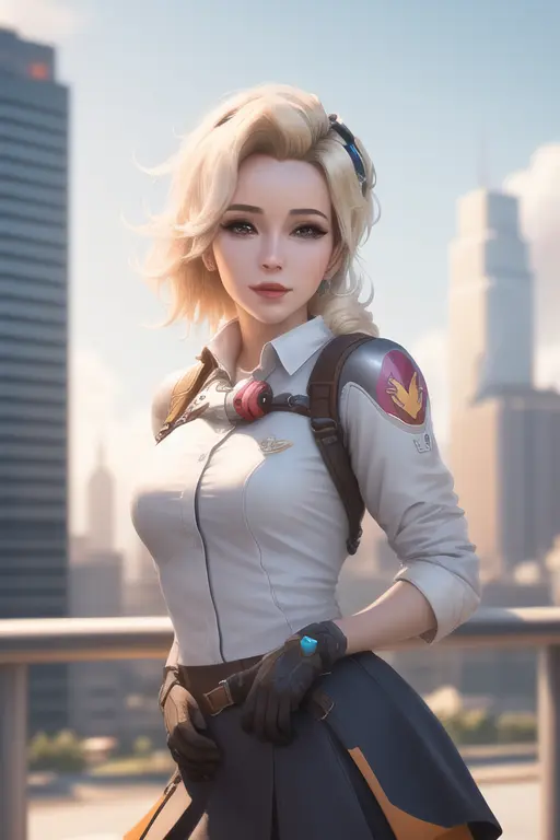 <lora:mercyOverwatchWrise_v10:0.7>,mercy\(overwatch\), masterpiece, upper body, 1girl, ultra-detailed,facing viewer, perfect anatomy, skirt, shirt, happy, realistic, very detailed background, (masterpiece:1.4),(best quality:1.4), high-definition, city, blurred_background,