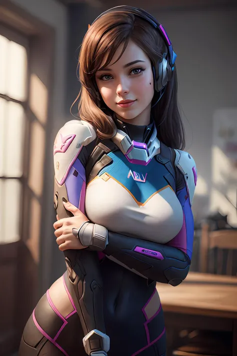 d.va \(overwatch\), (RAW photo, best quality), (realistic, photo-realistic:1.3), masterpiece, an extremely delicate and beautiful, extremely detailed, CG, unity , 2k wallpaper, Amazing, finely detail, light smile, extremely detailed CG unity 8k wallpaper, huge filesize, ultra-detailed, highres, absurdres, soft light, 1girl, seductive, upper upper body, perfect lighting, godrays, blurry background, blurry