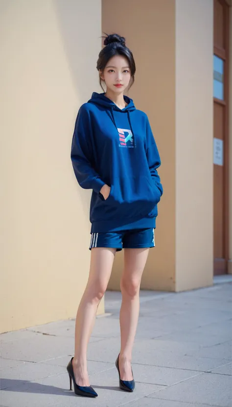 1girl, bare legs, high heels, black hair, wearing shorts, Pullover, stand, outdoor, realistic, photorealistic, simple background, Updo, masterpiece, best quality, 8k, score_9, score_8_up, score_7_up