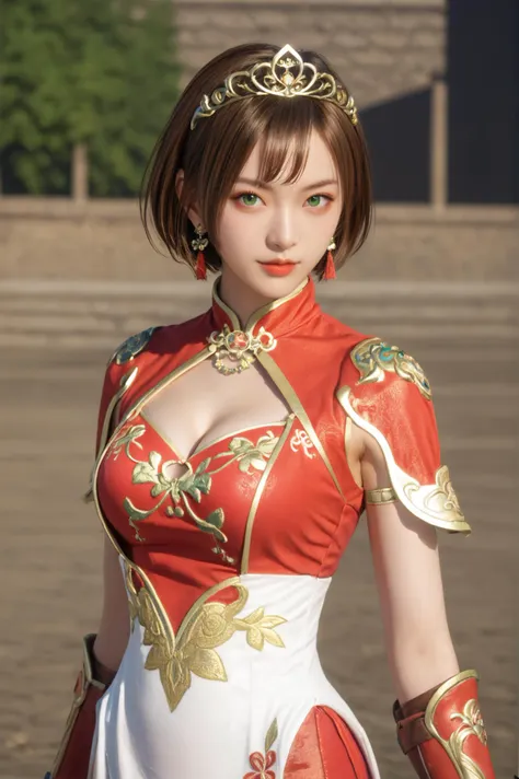 score_9, score_8_up, score_7_up, masterpiece, best quality, perfect anatomy, very aesthetic, BREAK dynamic pose, cowboy shot<lora:Sun_Shangxiang_Dynasty_Warriors:0.7>
solo, 1girl, short hair, brown hair, green eyes, tiara, jewelry, earrings, chinese clothes, cleavage cutout, outdoors, looking at viewer