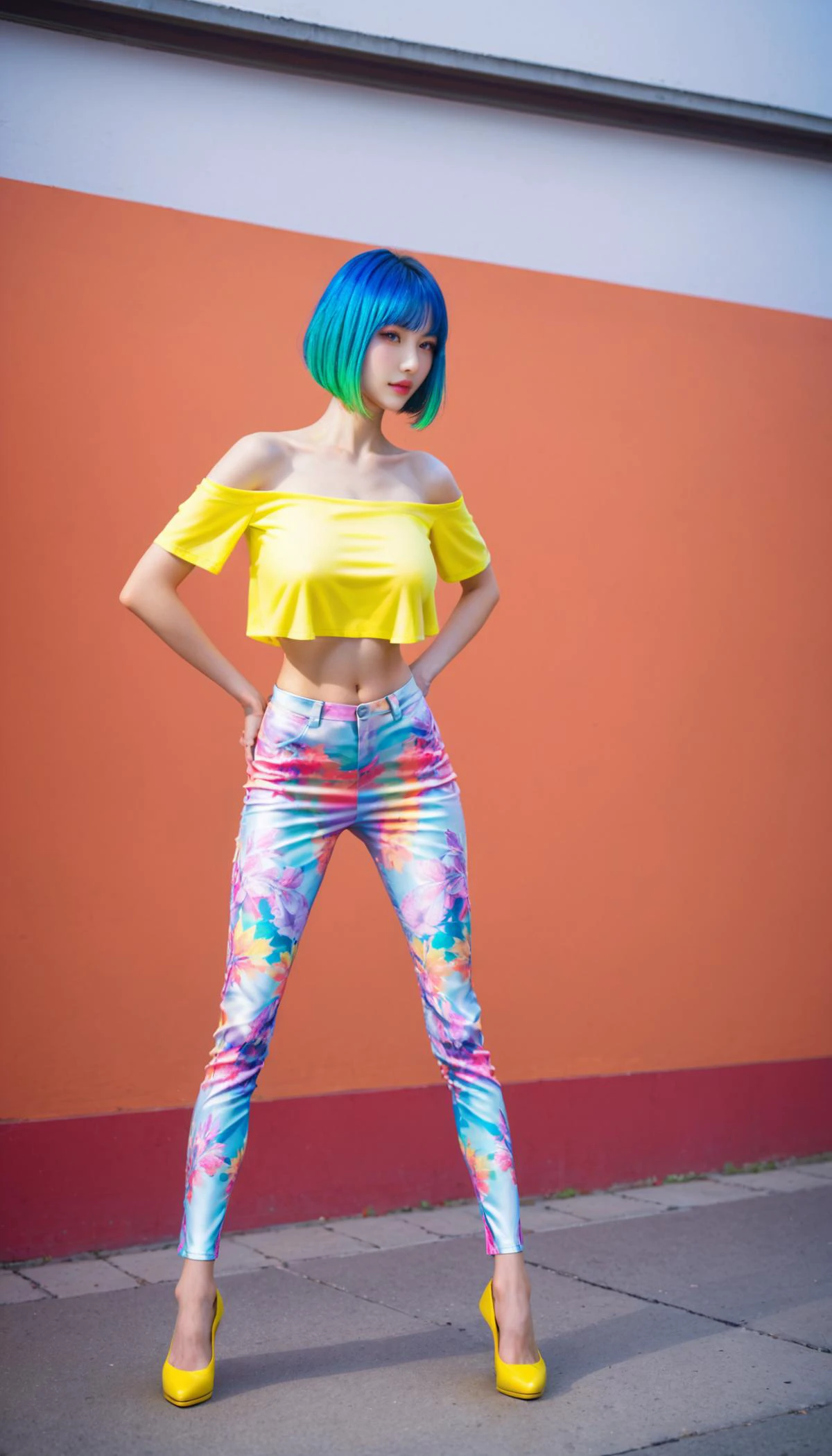 long Bob Cut, colored hair,
Smocked off-the-shoulder crop top with short sleeves,
Paisley printed pants,
(standing, full body, spread legs to the sides:1.5), score_9,score_8_up,score_7_up, 20 years old, 8k, hd, beautiful girl, 1girl, detailed face, beautiful woman's face, ray tracing, low light painting, cinematic lighting, vibrant colors, vivid colors, glossy skin, detailed eyes, clear and vivid eyes, parted lips, glossy skin, sagging breasts, long legs, pumps, attractive, blur background, outdoor,