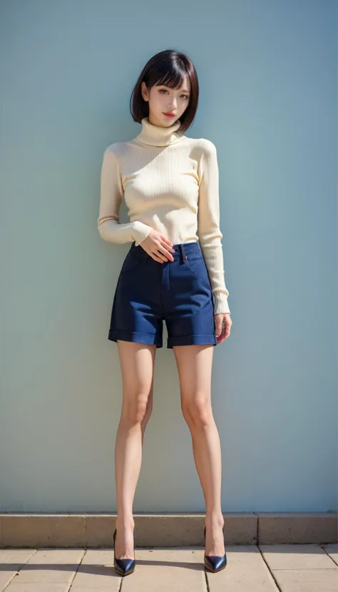 1girl, bare legs, high heels, black hair, wearing shorts, Turtleneck, stand, outdoor, realistic, photorealistic, simple background, Side-swept bangs, masterpiece, best quality, 8k, score_9, score_8_up, score_7_up