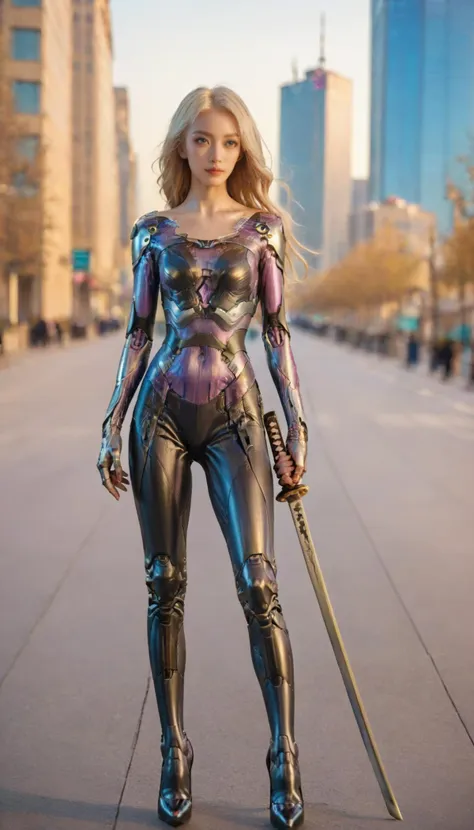 1girl,  cyborg, high heels, stand, full body, cyberpunk, future city, long hair, blonde hair, curly, masterpiece, best quality, 8k, score_9, score_8_up, score_7_up, outdoor, simple background,
(holding katana, katana),  blur background, 
 <lora:katana-enhence:0.8> <lora:alita-withou-bodysuit-pony:0.67>