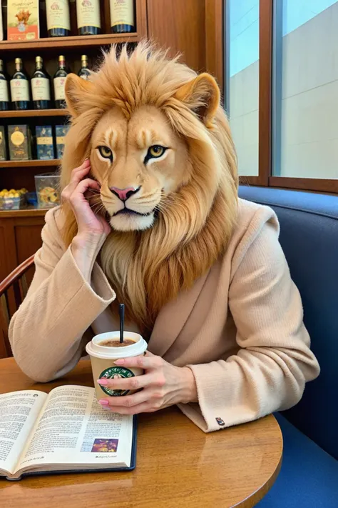 score_6_up BREAK photo, irl, realistic BREAK Cinematic photo of an anthropomorphic lion sitting in a cafe reading a book and having a coffee, animal, claw