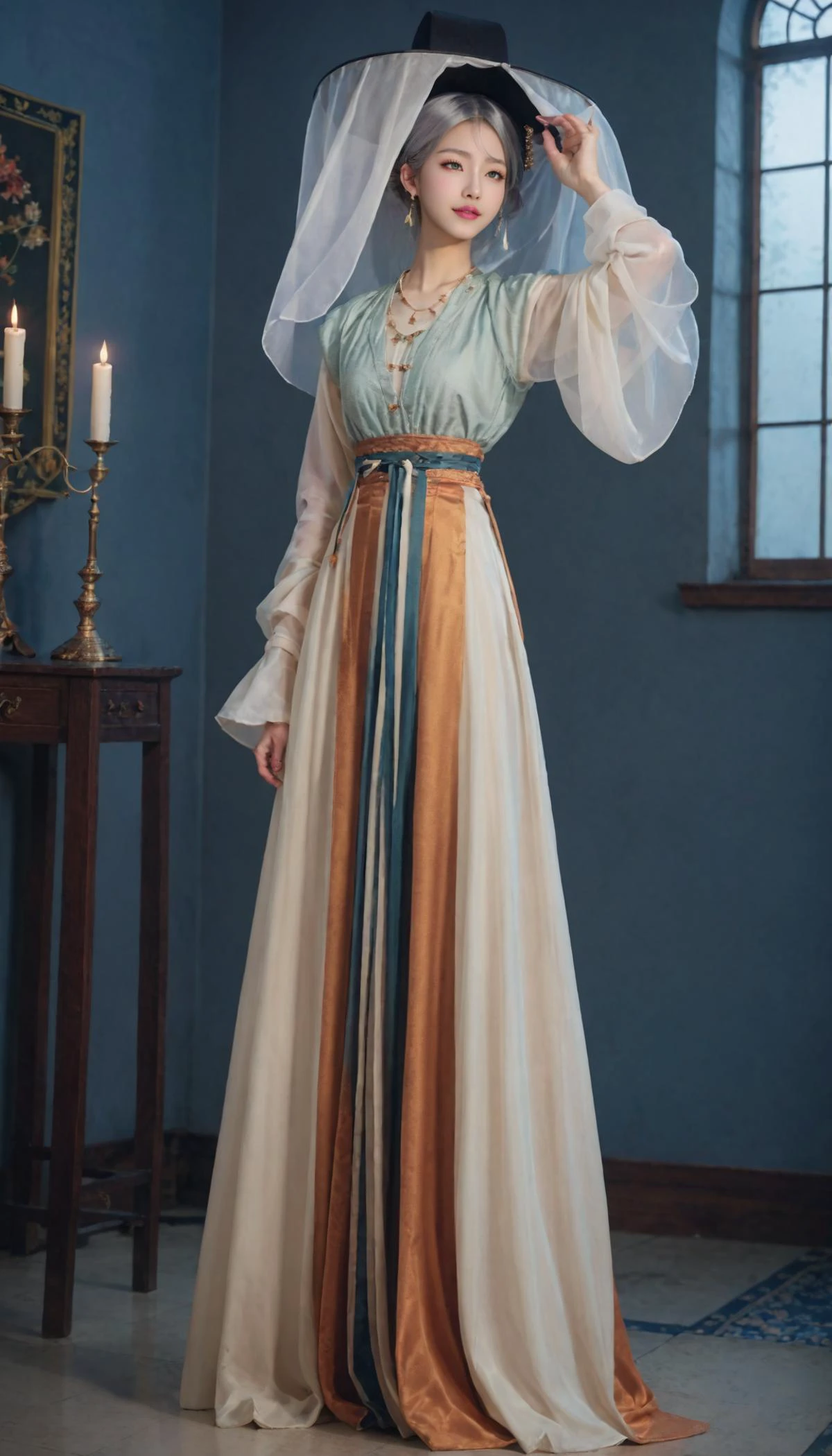 1girl, (veil_hat, hanfu), stand, full body, Silver hair, indoor, masterpiece, best quality, 8k, score_9, score_8_up, score_7_up