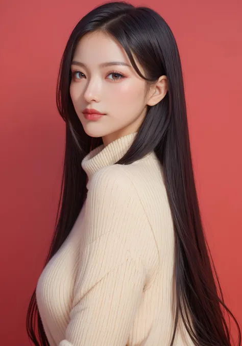 ,score_9,score_8_up,score_7_up, 20 years old, 8k, hd, beautiful girl, black hair, very long hair, straight hair, closed mouth,
1girl, detailed face, beautiful woman's face, sweater, red background, looking at viewer,