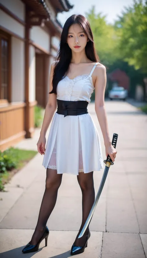 1girl, lingerie, full body, high heels, stand, pantyhose, long hair, black hair, realistic, photorealistic, simple background, outdoor, blur background, bare arms,
masterpiece, best quality, 8k, score_9, score_8_up, score_7_up,
(holding katana, katana), white background,
<lora:katana-2:1>