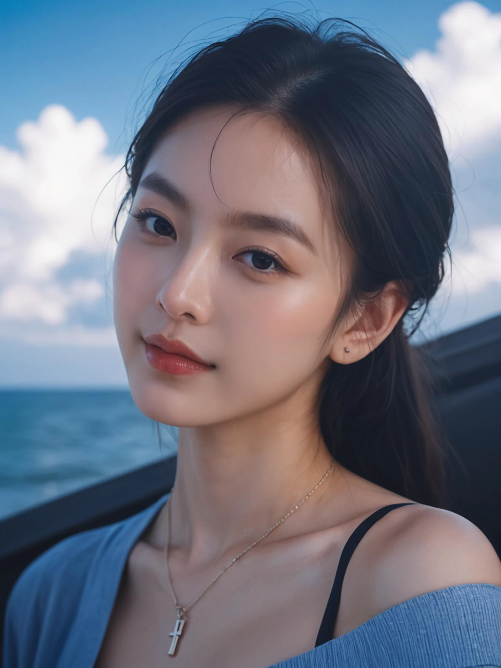 score_9, score_8_up, score_7_up, Best quality, masterpiece, realistic, realism, film grain, photo by fuji-proplus-ii film, half-length portrait, raw photo of 20 years old woman in off-shoulder, close up portrait, deep blue sky, cloudy sky, outdoor, high key light, soft shadow, dark theme