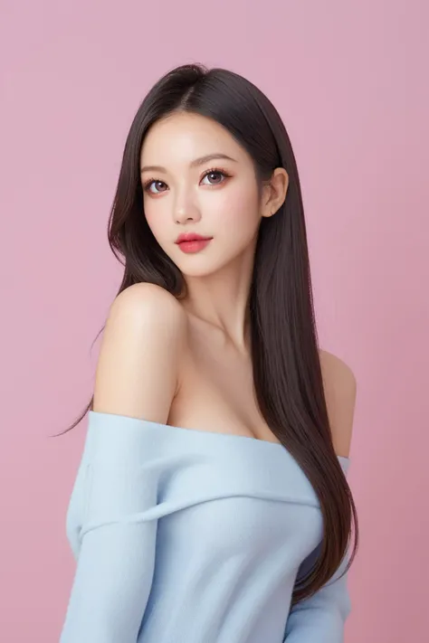 ,score_9,score_8_up,score_7_up, 20 years old, 8k, hd, beautiful girl, black hair, long hair, blonde hair, offshoulder top,
1girl, detailed face, beautiful woman's face, simple background, looking at viewer, upper body,