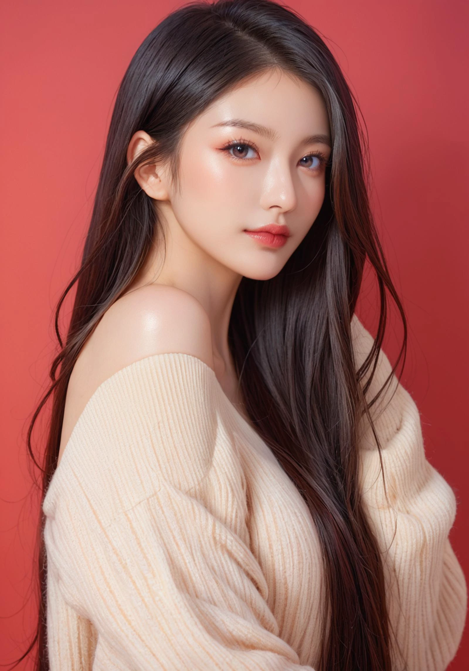 ,score_9,score_8_up,score_7_up, 20 years old, 8k, hd, beautiful girl, black hair, very long hair, straight hair, closed mouth,
1girl, detailed face, beautiful woman's face, sweater, red background, looking at viewer,