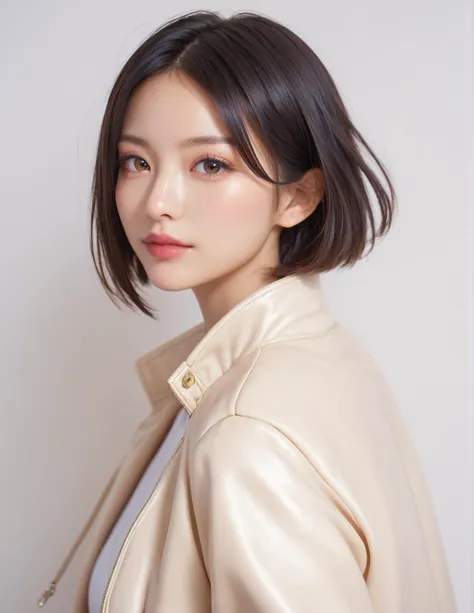 ,score_9,score_8_up,score_7_up, 20 years old, 8k, hd, beautiful girl, black hair, short hair,
1girl, detailed face, beautiful woman's face, jacket, white background, looking at viewer,