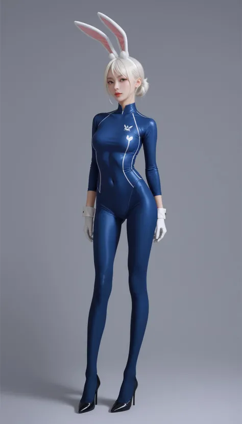 1girl,,ruanyi0895,blue bodysuit,skin tight,bunny print,gloves, high heels, full body, stand, white hair,
score_9, score_8_up, score_7_up, source_anime, simple background,