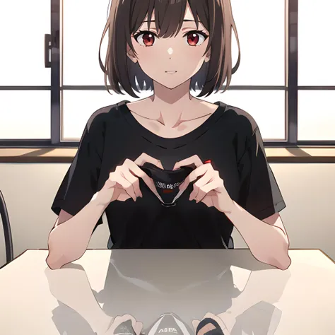 1girl, short hair, brown hair, red eyes, black shirt, T-shirt, short sleeves, collarbone