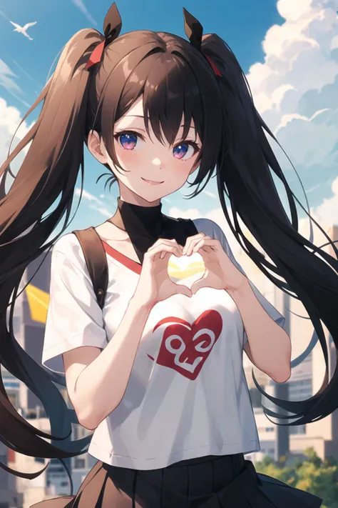 1girl, casual clothes, skirt, t-shirt, twintails, long hair, short sleeves, heart hands, outdoors, smile