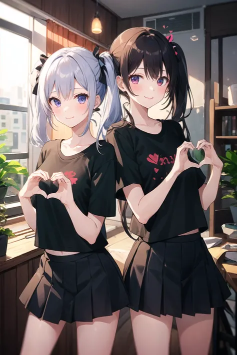 2girls, casual clothes, skirt, t-shirt, twintails, long hair, short sleeves, heart hands, smile, indoors, room, standing