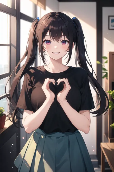 1girl, casual clothes, skirt, t-shirt, twintails, long hair, short sleeves, heart hands, smile, indoors, room, standing