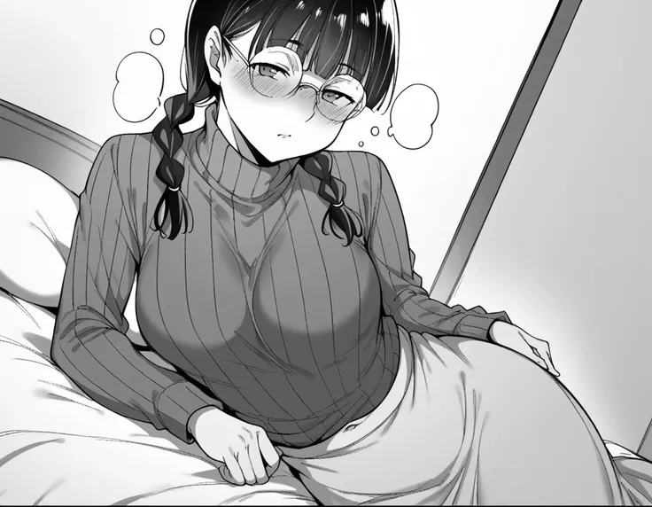 score_9, score_8_up, score_7_up, source_anime,
ringoyamiyoshi, <lora:ringoya-miyoshi-manga-ponyxl-lora-nochekaiser:1>,
miyoshi, long hair, bangs, braid, glasses, twin braids, monochrome, greyscale,
long sleeves, navel, sweater, turtleneck, turtleneck sweater, skirt, long skirt,
indoors, bed, bed room, on side, blush, drunk,
looking at viewer, solo, dutch angle, cowboy shot,