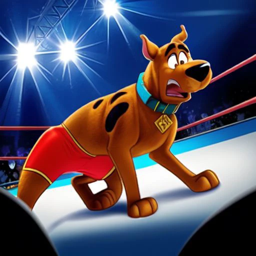 a cartoon of scooby in red trunks wrestling a man in striped shirts, wrestling ring, male focus, 1boy, solo, collar, pectorals, bara, wrestling outfit, scared, feral, dog, paws, (perfectly drawn eyes:1.4), good quality, best quality, scared expression, detailed lighting