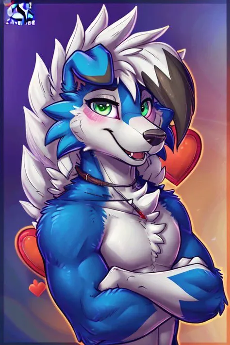 Blue Shiny Lycanroc, male, brave male, very manly, some muscles, wolf accents, wolf ears, ears up, blue fur, blue body, blue skin, Green eye, Shiny eyes, Pixar eyes, perfect eyes, wearing cowboy hat, wearing cowboy outfit, holding a love letter in shape of a heart, (hyper realistic 1.7), long fluffy tail, very large tail, tail up, very furry and fluffy, very large fangs, smiling, perfect ligthing, close up to chest, be my valentine background, front View, looking at Viewer, (dimwitdog 2.7), (thesecretcave 1.9), (zaush 1.6), (cooliehigh 1.9), (R-mk 1.9), (complextree 2.4), (pixelscketcher 1.9), (Cervina7 1.4), (messh 1.9), (eternityzinogre 2.1)