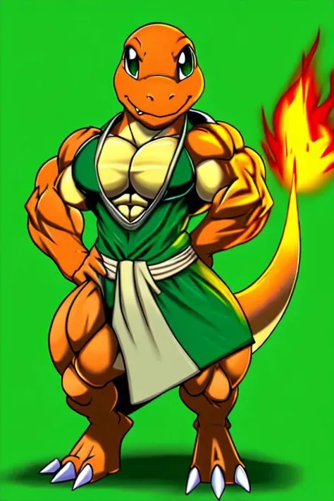 anthro, charmander, muscular, muscular male, arms on hips, white bathrobe, detailed muscles, detailed tunic, detailed pecs, solo, digital art, front view, full-length portrait, simple background, green background, digital art, by ber00