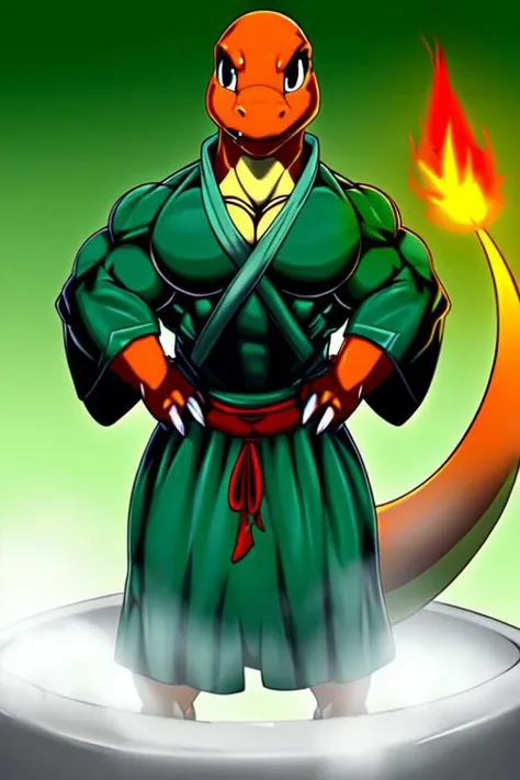 anthro, charmander, muscular, muscular male, arms on hips, bath robe, detailed muscles, detailed tunic, detailed pecs, solo, digital art, front view, full-length portrait, simple background, green background, digital art, by ber00