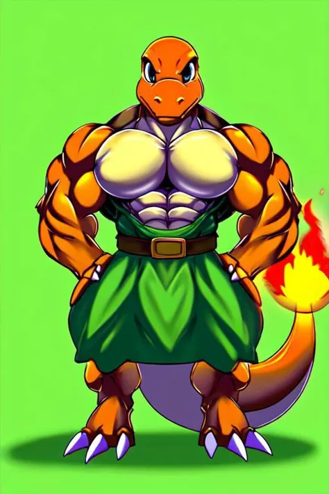 anthro, charmander, muscular, muscular male, arms on hips, white bathrobe, detailed muscles, detailed tunic, detailed pecs, solo, digital art, front view, full-length portrait, simple background, green background, digital art, by ber00