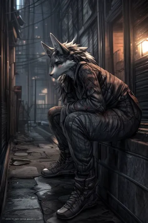 wolf's rain, rooftop, white, tired, (scars:1.2), detailed, atmospheric, illusion, a (sad song,:1.1) dystopian city, moody,   <lora:Dark_Anime:0.3> <lora:- SDXL - letitflrsh_let_it_flourish_V1.0:0.2> <lora:The_Dark_Side_Of_The_Future:0.1>