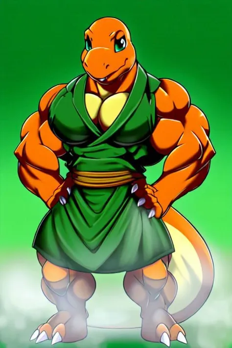 anthro, charmander, muscular, muscular male, arms on hips, white bathrobe, detailed muscles, detailed tunic, detailed pecs, solo, digital art, front view, full-length portrait, simple background, green background, digital art, by ber00