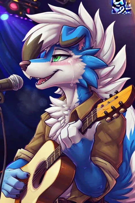 Blue Shiny Lycanroc, male, brave male, very manly, some muscles, blue fur, blue body, blue skin, Green eye, Shiny eyes, Pixar eyes, perfect eyes, some tears, wearing cowboy hat, wearing cowboy outfit, holding and playing acoustic guitar, singing, (hyper realistic 1.7), long fluffy tail, very large tail, tail up, very furry and fluffy, very large fangs, smiling, perfect ligthing, close up to chest, concert hall background, side View, (dimwitdog 2.7), (thesecretcave 1.9), (zaush 1.6), (cooliehigh 1.9), (R-mk 1.9), (complextree 2.4), (pixelscketcher 1.9), (Cervina7 1.4), (messh 1.9), (eternityzinogre 2.1)