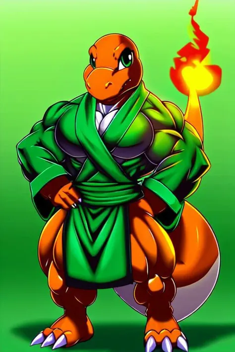 anthro, charmander, muscular, muscular male, arms on hips, bath robe, detailed muscles, detailed tunic, detailed pecs, solo, digital art, front view, full-length portrait, simple background, green background, digital art, by ber00