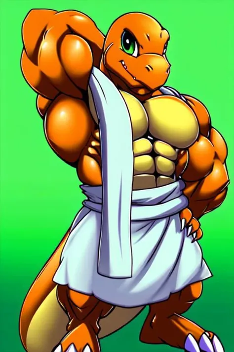 anthro, charmander, muscular, muscular male, arms on hips, towel around waist, towel around neck, detailed muscles, detailed tunic, detailed pecs, solo, digital art, front view, full-length portrait, simple background, green background, digital art, by ber00
