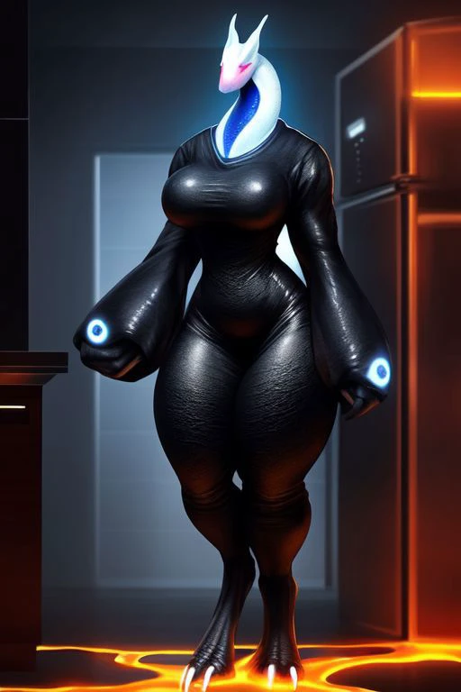 Tall female creature, circular head, no nose, female, black body, wide body, small glowing spots all over body, realistic, hyper feet and hands, fine curves very big mouth right under eyeballs, two huge glowing eyeballs, hyper eyeballs, two eyeballs, full black body with small glowing spots all over body, no lights on, glowing dots on arms and legs, glowing dots on head, sharp body, night clothes, white long-sleeved night shirt, glowing inside of mouth, wearing the clothes, cinematic, muscular, realistic image, no humans, casual home, really tall, alone, lonely, long johns underwear, short glowing mouth, whole very light lavender lava body, solo, standing frontward, tiny open frown, looking at viewer, blushing, lava hands, hyper hight, lanky, back hunched over, walking into kitchen,