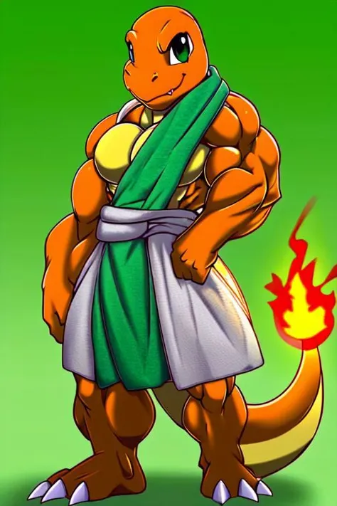 anthro, charmander, muscular, muscular male, arms on hips, bathrobe, big bulge, detailed muscles, detailed tunic, detailed pecs, solo, digital art, front view, full-length portrait, simple background, green background, digital art, by ber00