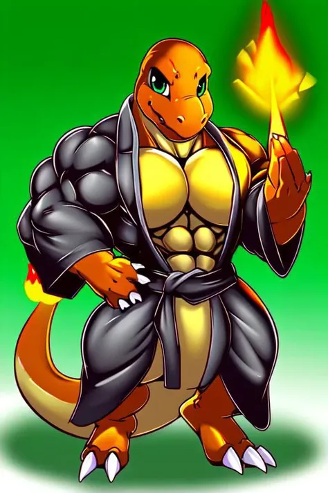 anthro, charmander, muscular, muscular male, arms on hips, bath robe, detailed muscles, detailed tunic, detailed pecs, solo, digital art, front view, full-length portrait, simple background, green background, digital art, by ber00