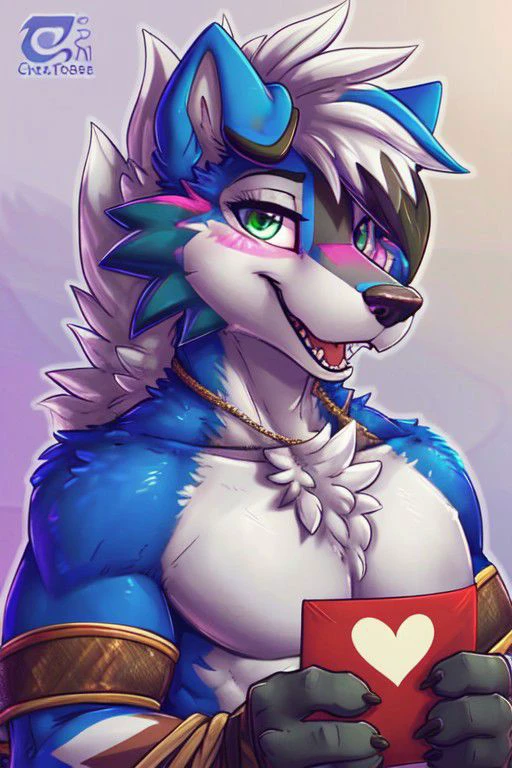 Blue Shiny Lycanroc, male, brave male, very manly, some muscles, wolf accents, wolf ears, ears up, blue fur, blue body, blue skin, Green eye, Shiny eyes, Pixar eyes, perfect eyes, wearing cowboy hat, wearing cowboy outfit, holding a love letter in shape of a heart, (hyper realistic 1.7), long fluffy tail, very large tail, tail up, very furry and fluffy, very large fangs, smiling, perfect ligthing, close up to chest, be my valentine background, front View, looking at Viewer, (dimwitdog 2.7), (thesecretcave 1.9), (zaush 1.6), (cooliehigh 1.9), (R-mk 1.9), (complextree 2.4), (pixelscketcher 1.9), (Cervina7 1.4), (messh 1.9), (eternityzinogre 2.1)