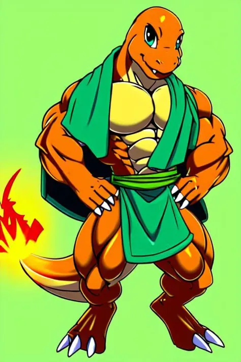 anthro, charmander, muscular, muscular male, arms on hips, bath robe, big bulge, detailed muscles, detailed tunic, detailed pecs, solo, digital art, front view, full-length portrait, simple background, green background, digital art, by ber00