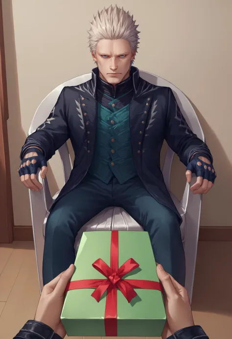 score_9, score_8_up, score_7_up, source_anime, <lora:POVGifting_XLPD:1>, PovGifting, pov hands, holding gift, gift box, indoors, <lora:PlasticChair_XLPD:1>, plastic chair, sitting,  <lora:dmc5_vergil_ponyXL:1> dmc5vergil, black coat, fingerless gloves, pants