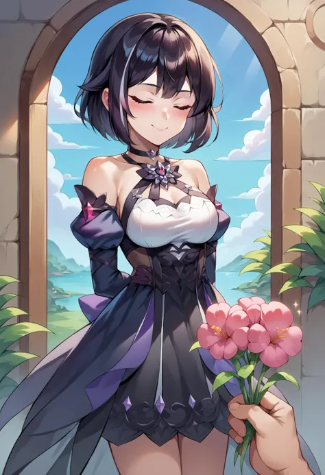 score_9, score_8_up, score_7_up, source_anime, <lora:POVGifting_XLPD:1.0> PovGifting, pov hands, holding flowers, flower <lora:xerahkr-ponyxl-beta1:1.0> xerahkr, closed eyes, smile, closed mouth, happy, blush, short hair, black hair, streaked hair, short black dress, black gloves, arms behind back, detached sleeves, black sleeves, puffy sleeves, see-through, purple gemstone, choker