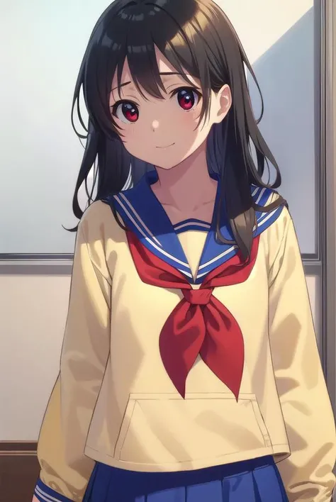 inarifushimi, <lora:inari fushimi s1-lora-nochekaiser:1>,
inari fushimi, long hair, black hair, (red eyes:1.3), smile,
BREAK skirt, school uniform, serafuku, blue sailor collar, shirt, (light yellow shirt:1.5), long sleeves, blue skirt, neckerchief, (red neckerchief:1.5),
BREAK indoors, classroom,
BREAK looking at viewer, (cowboy shot:1.5),
BREAK <lyco:GoodHands-beta2:1>, (masterpiece:1.2), best quality, high resolution, unity 8k wallpaper, (illustration:0.8), (beautiful detailed eyes:1.6), extremely detailed face, perfect lighting, extremely detailed CG, (perfect hands, perfect anatomy),