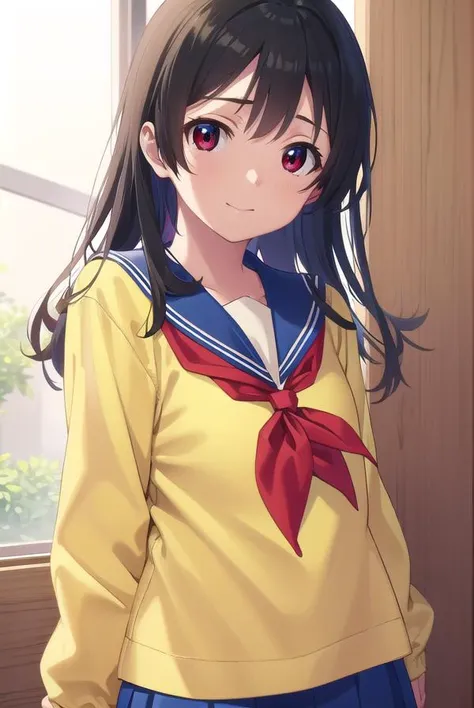 inarifushimi, <lora:inari fushimi s1-lora-nochekaiser:1>,
inari fushimi, long hair, black hair, (red eyes:1.3), smile,
BREAK skirt, school uniform, serafuku, blue sailor collar, shirt, (light yellow shirt:1.5), long sleeves, blue skirt, neckerchief, (red neckerchief:1.5),
BREAK indoors, classroom,
BREAK looking at viewer, (cowboy shot:1.5),
BREAK <lyco:GoodHands-beta2:1>, (masterpiece:1.2), best quality, high resolution, unity 8k wallpaper, (illustration:0.8), (beautiful detailed eyes:1.6), extremely detailed face, perfect lighting, extremely detailed CG, (perfect hands, perfect anatomy),