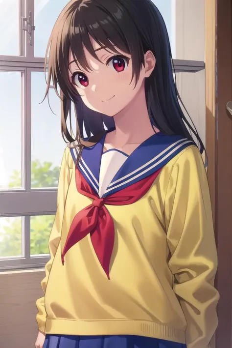 inarifushimi, <lora:inari fushimi s1-lora-nochekaiser:1>,
inari fushimi, long hair, black hair, (red eyes:1.3), smile,
BREAK skirt, school uniform, serafuku, blue sailor collar, shirt, (light yellow shirt:1.5), long sleeves, blue skirt, neckerchief, (red neckerchief:1.5),
BREAK indoors, classroom,
BREAK looking at viewer, (cowboy shot:1.5),
BREAK <lyco:GoodHands-beta2:1>, (masterpiece:1.2), best quality, high resolution, unity 8k wallpaper, (illustration:0.8), (beautiful detailed eyes:1.6), extremely detailed face, perfect lighting, extremely detailed CG, (perfect hands, perfect anatomy),