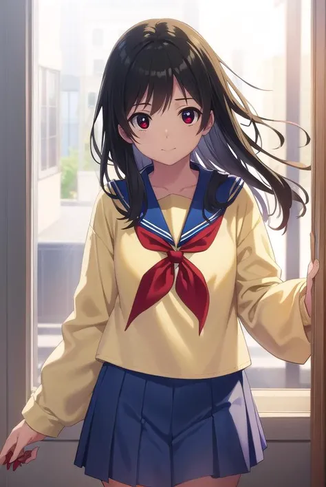 inarifushimi, <lora:inari fushimi s1-lora-nochekaiser:1>,
inari fushimi, long hair, black hair, (red eyes:1.3), smile,
BREAK skirt, school uniform, serafuku, blue sailor collar, shirt, (light yellow shirt:1.5), long sleeves, blue skirt, neckerchief, (red neckerchief:1.5),
BREAK indoors, classroom,
BREAK looking at viewer, (cowboy shot:1.5),
BREAK <lyco:GoodHands-beta2:1>, (masterpiece:1.2), best quality, high resolution, unity 8k wallpaper, (illustration:0.8), (beautiful detailed eyes:1.6), extremely detailed face, perfect lighting, extremely detailed CG, (perfect hands, perfect anatomy),